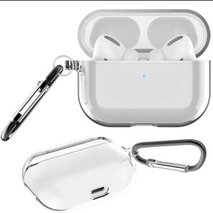 May include: A clear plastic case for wireless earbuds with a black carabiner clip attached. The case is open and the earbuds are visible inside.