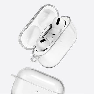 May include: A clear plastic case for wireless earbuds. The case is open and the earbuds are inside. The case has a small loop on the side.
