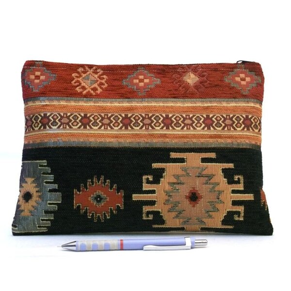 Ethnic Tribal Style Clutch, Makeup Bag, iPad Cover, Large Pouch, Tribal Navajo Aztec Native American Kilim Boho clutch, Black Claret Red