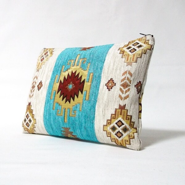 Ethnic Tribal Style Clutch, Makeup Bag, iPad Cover, Large Pouch, Tribal Navajo Aztec Native American Kilim Boho clutch, Turquoise Gold White