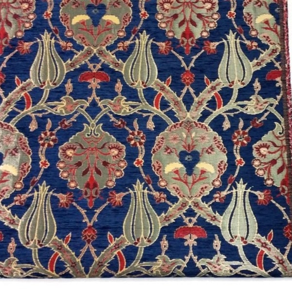 Jacquard Chenille Upholstery Fabric, Floral Fabric with Tulip & Clove Pattern, Oriental Style Heavy Fabric, Navy, by the Yard/Metre, Ach-032