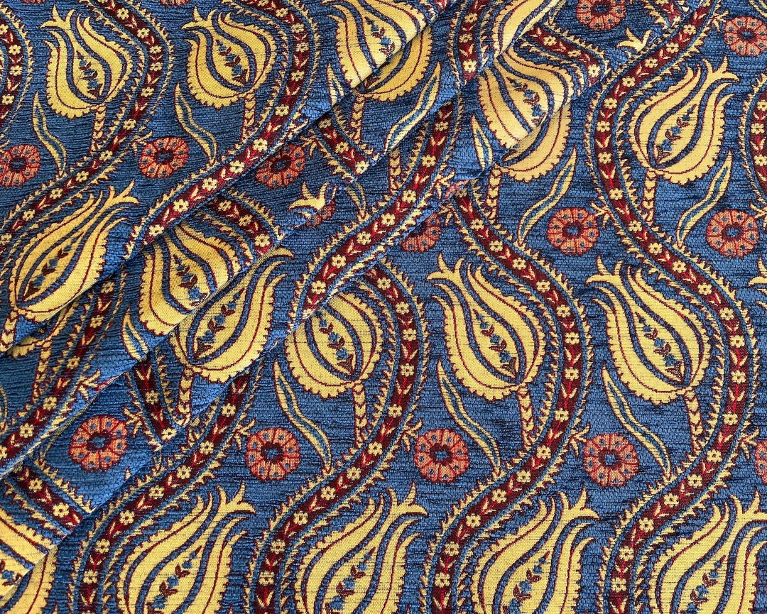 Floral Chenille Upholstery Fabric Royal Blue and Gold Sofa Etsy