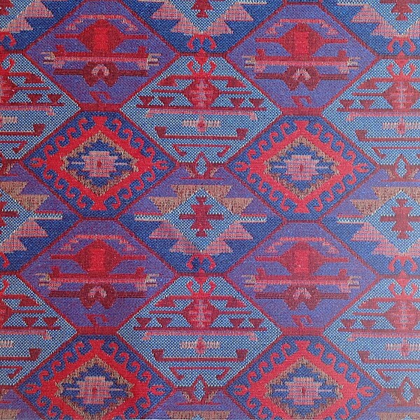 Ethnic Tribal Style Upholstery Fabric, Double-faced Cloth, Aztec Navajo Geometric Kilim Fabric, Blue Red, by the Yard/Meter, Ycp-029