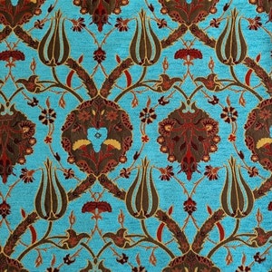 Jacquard Chenille Upholstery Fabric, Floral Fabric with Tulip&Clove Pattern, Oriental Style Fabric, Turquoise, by the Yard/Metre, Ach-041 image 1