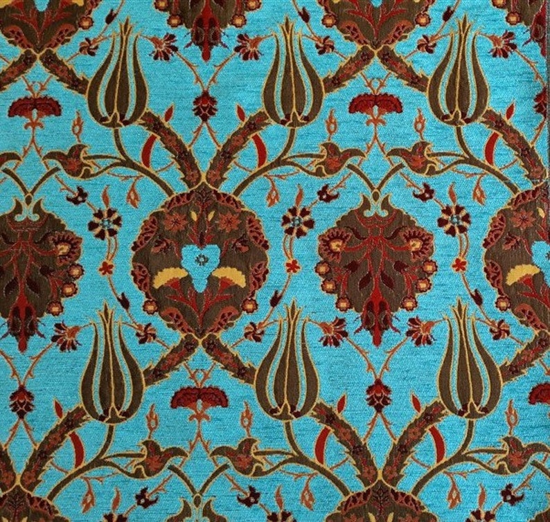 Jacquard Chenille Upholstery Fabric, Floral Fabric with Tulip&Clove Pattern, Oriental Style Fabric, Turquoise, by the Yard/Metre, Ach-041 image 1