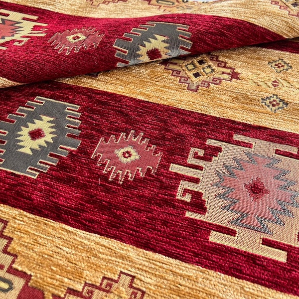 Ethnic Tribal Style Chenille Upholstery Fabric, Aztec Navajo Design Turkish Fabric, Geometric Kilim Fabric, Mustard Wine Red, by the Yard