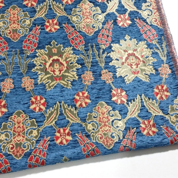 Tissu de sellerie Jacquard Chenille, Tissu floral avec motif tulipe et clou de girofle, Tissu de décor de maison de style oriental, bleu acier, ych-004