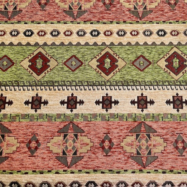 Ethnic Tribal Style Chenille Upholstery Fabric, Aztec Navajo Design Fabric, Geometric Kilim Fabric, Pistachio Green Melon, by the Yard/Metre