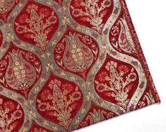 Jacquard Chenille Upholstery Fabric, Oriental Style Heavy Fabric, Floral Fabric with Tulip & Clove Pattern, Red Gold Pewter, Ach-040