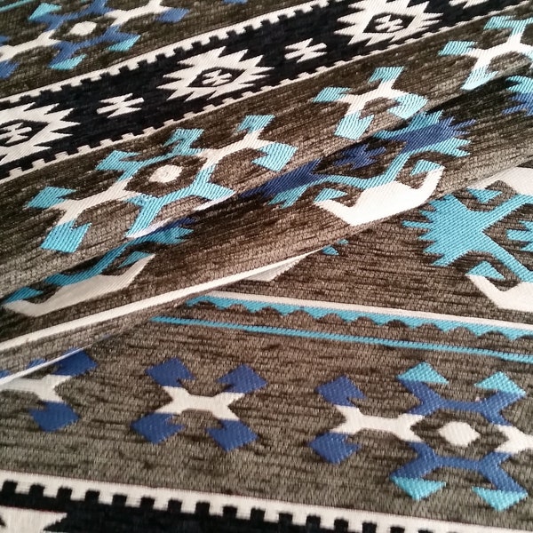 Tessuto etnico Kilim Navajo Chenille per sedie Cuscini Borse Divano, tappezzeria Tessuto tagliato a misura, Boho Tribal Aztec Home Decor, Verde