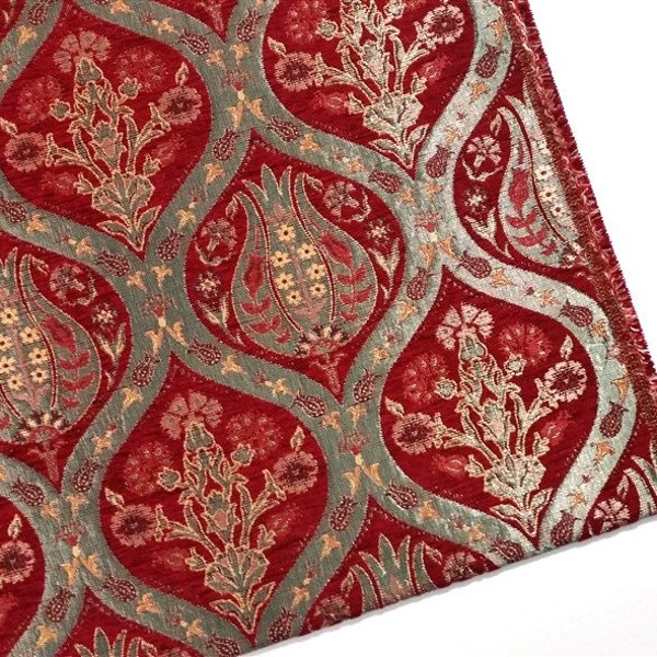 Jacquard Chenille Upholstery Fabric, Oriental Style Heavy Fabric, Floral Fabric with Tulip&Clove, Red Gold Pewter,by the Yard/Metre, Ach-040