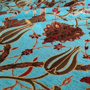 Jacquard Chenille Upholstery Fabric, Floral Fabric with Tulip&Clove Pattern, Oriental Style Fabric, Turquoise, by the Yard/Metre, Ach-041 image 2