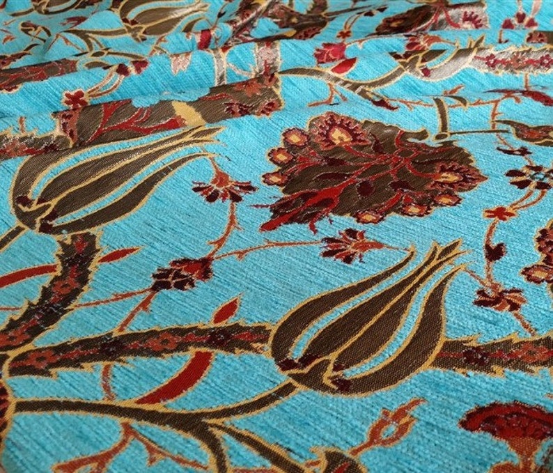 Jacquard Chenille Upholstery Fabric, Floral Fabric with Tulip&Clove Pattern, Oriental Style Fabric, Turquoise, by the Yard/Metre, Ach-041 image 2