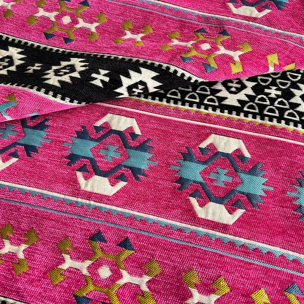 Ethnic Kilim Navajo Chenille Fabric for Chairs Pillows Bags Sofa, Upholstery Fabric by the yard, Boho Tribal Aztec Home Decor, Pink