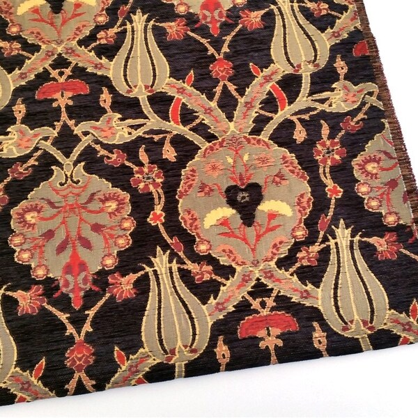 Jacquard Chenille Upholstery Fabric, Floral Fabric with Tulip&Clove Pattern, Oriental Style Heavy Fabric, Black, by the Yard/Metre, Ach-011