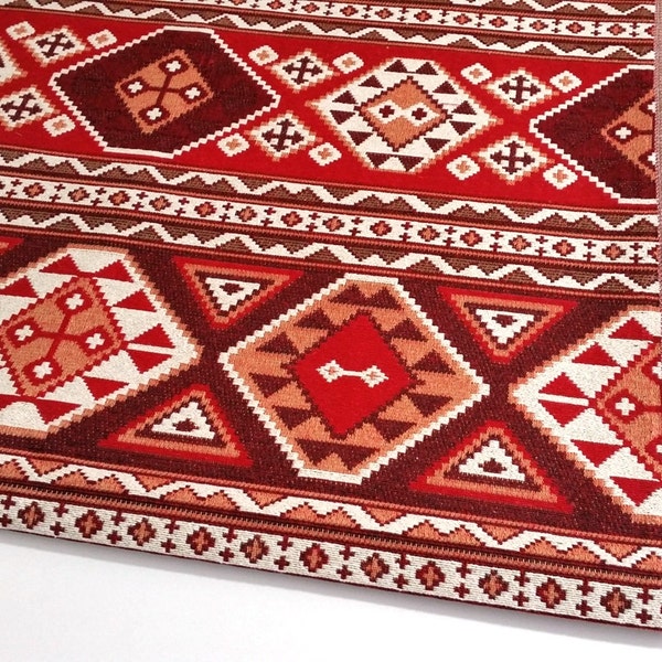 Ethnic Tribal Style Upholstery Fabric, Pillow Fabric, Aztec Navajo Fabric, Geometric Design Kilim Fabric, Claret Red-White, Ycp-003