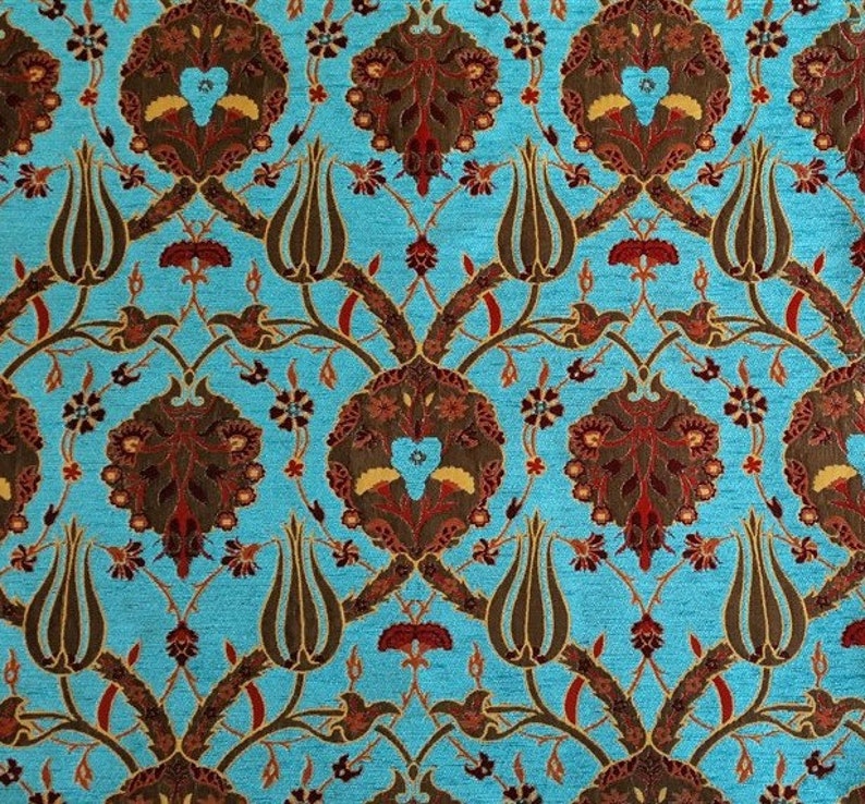 Jacquard Chenille Upholstery Fabric, Floral Fabric with Tulip&Clove Pattern, Oriental Style Fabric, Turquoise, by the Yard/Metre, Ach-041 image 4