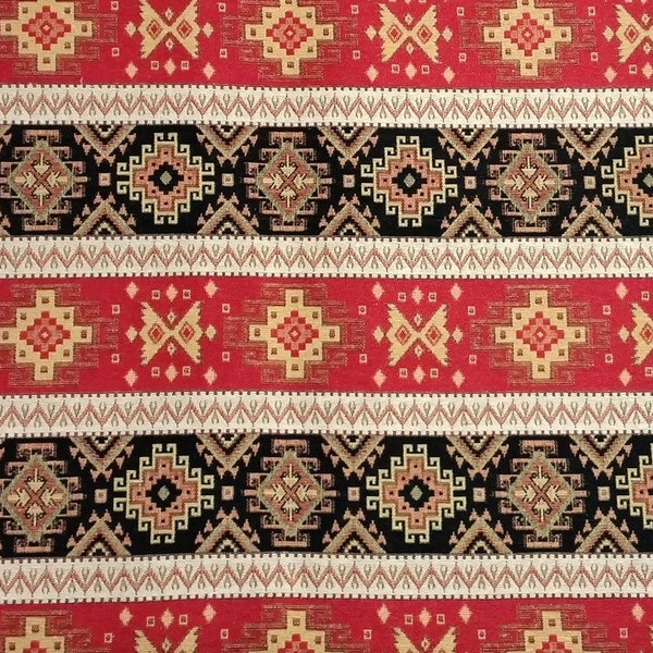 Kilim Ethnic Tribal Style Upholstery Fabric, Aztec Navajo Home Decor Fabric, Striped Fabric, Red Black Yellow, by the Yard/Metre, Ycp-013