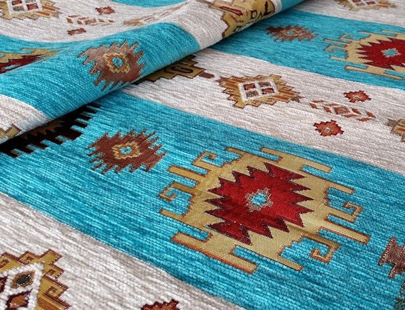 Upholstery Fabric by the Yard, Ethnic Kilim Chenille Fabric for