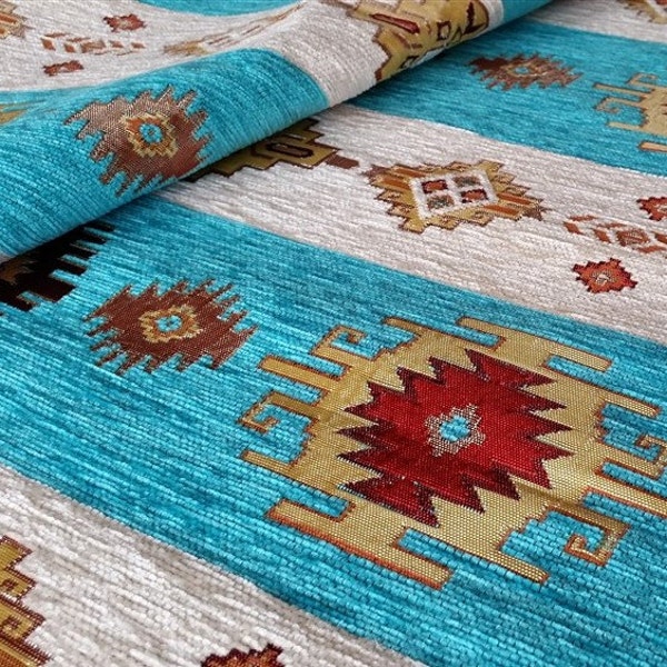 Upholstery Fabric by the yard, Ethnic Kilim Chenille Fabric for Chairs Pillows Bag Sofa, Boho Bohemian Navajo Tribal Home Decor, Turquoise