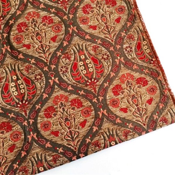 Jacquard Chenille Upholstery Fabric, Floral Fabric with Tulip & Clove Pattern, Oriental Style, Light Brown, by the Yard/Metre, Ych-023