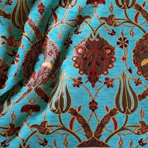 Jacquard Chenille Upholstery Fabric, Floral Fabric with Tulip&Clove Pattern, Oriental Style Fabric, Turquoise, by the Yard/Metre, Ach-041 image 5