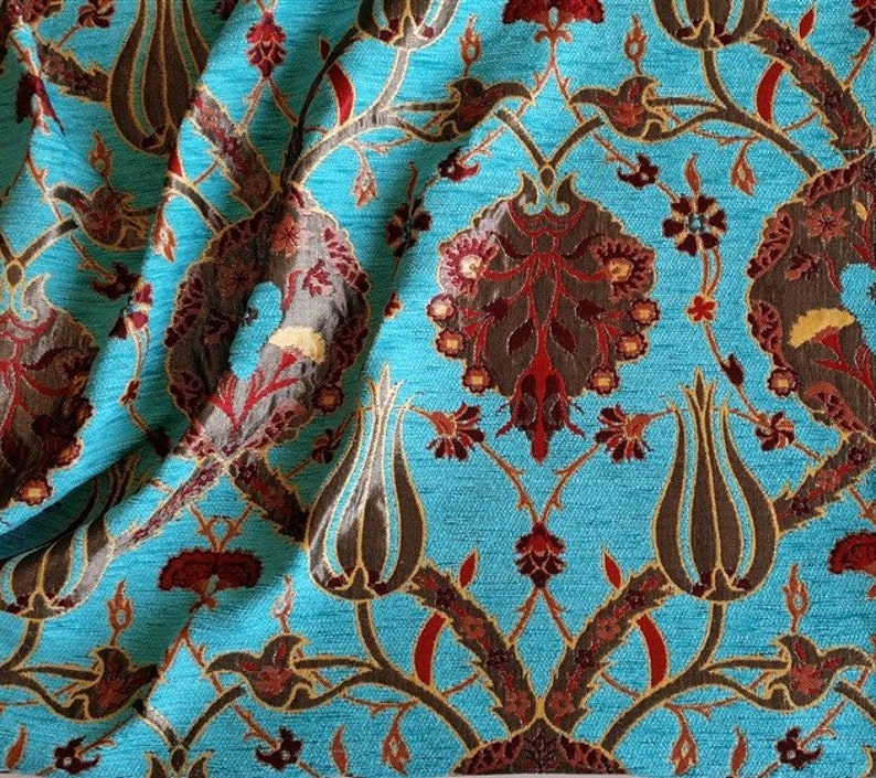 Jacquard Chenille Upholstery Fabric, Floral Fabric with Tulip&Clove Pattern, Oriental Style Fabric, Turquoise, by the Yard/Metre, Ach-041 image 5