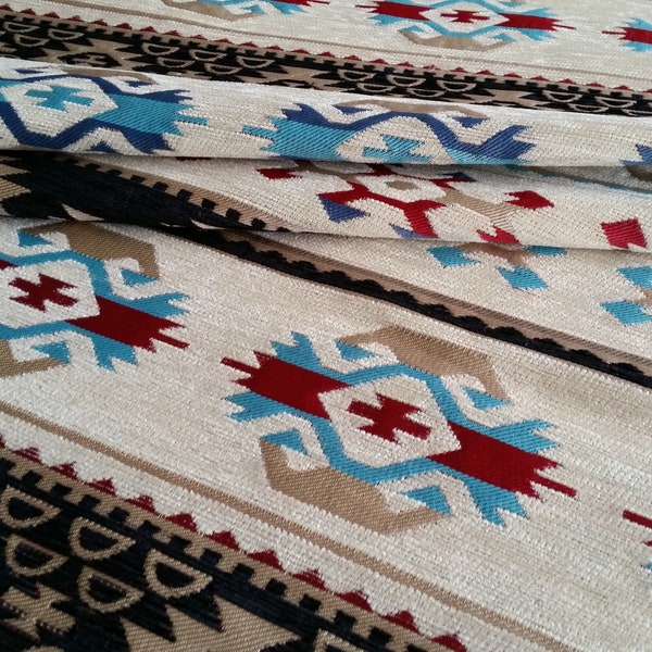 Ethnique Kilim Navajo Chenille Tissu pour Chaises Oreillers Sacs Canapé, Tissu d’ameublement par yard, Boho Tribal Aztec Home Decor, Gris Gris