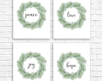 Advent Printable Christmas Joy peace love hope Calligraphy Christmas Print Printable Wall Art Decor Wreath Print Watercolor Wreath Christmas