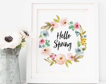 Printable wall art Hello Spring Watercolor Floral Print Decor Spring Decorations Spring Art Easter Printable Flowers handwritten quote art