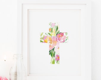 Easter Cross Printable wall art Floral Religious Watercolor Floral Print Decor Spring Decorations Spring Art Easter Printable Easter Art