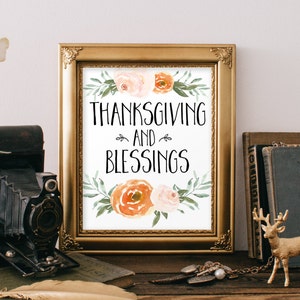 Thanksgiving Print wall decor fall decoration thanksgiving printable decor thankful autumn fall print watercolor flower printable blessings image 1