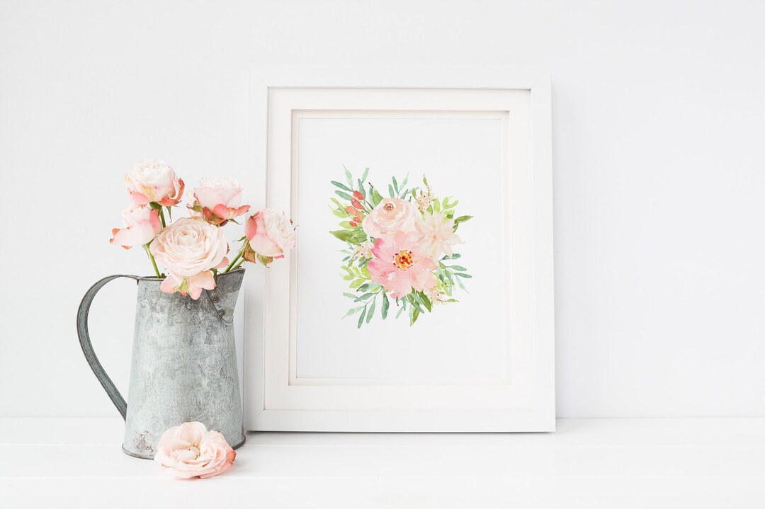 Pink Coral Blush Peach Floral Bouquet Watercolor Flowers Printable Wall ...