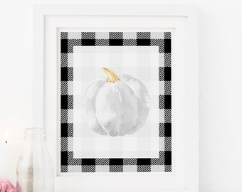 Fall Printables Black Plaid Buffalo Check white watercolor pumpkin thanksgiving print decor fall print Autumn white Pumpkins Fall Print