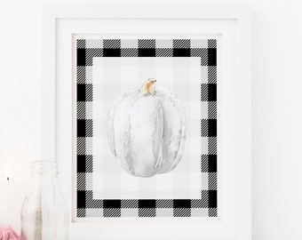 Fall Printables Black Plaid Buffalo Check white watercolor pumpkin thanksgiving print decor fall print Autumn white Pumpkins Fall Print
