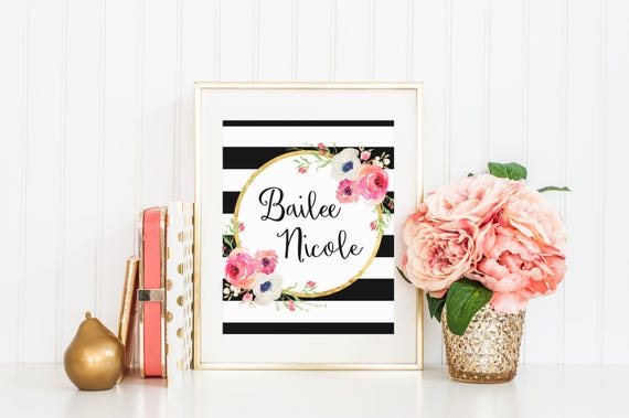Custom Name Black And White Stripe Watercolor Flower Floral Print Printable Wall Art Pink Coral Peach Flowers Personalized Print Love Art