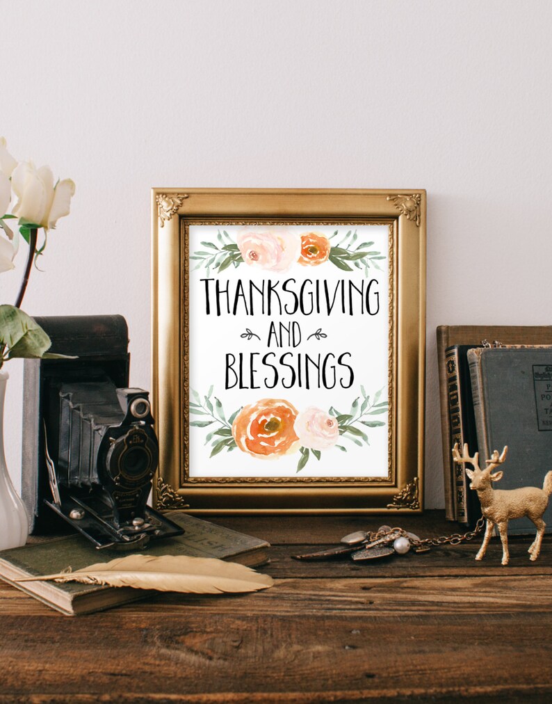 Thanksgiving Print wall decor fall decoration thanksgiving printable decor thankful autumn fall print watercolor flower printable blessings image 1