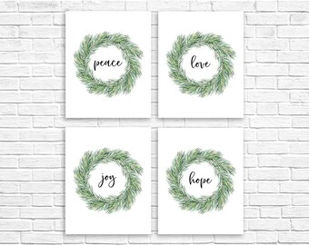 MAILED 8x10 PRINTS - Advent Printable Christmas Joy peace love hope Christmas Print Printable Wall Art Decor Wreath Print Watercolor Wreath