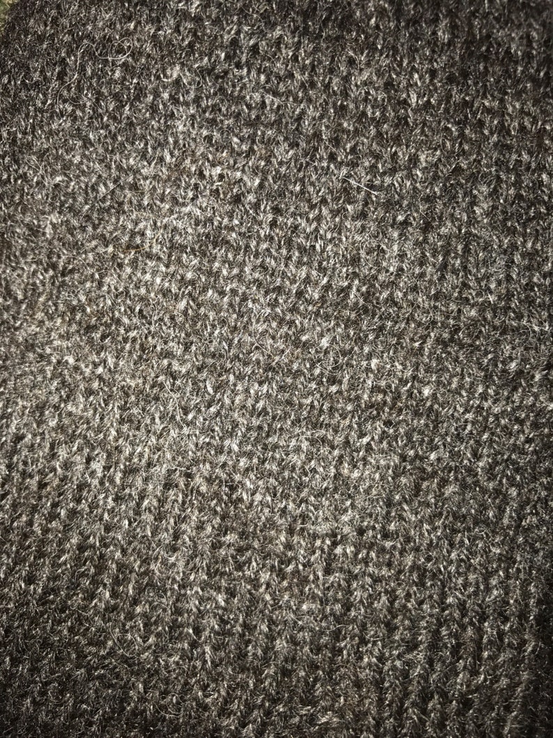 May include: Close-up of a dark gray knitted fabric with a fuzzy texture.
