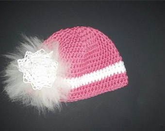 Handmade  Beanie hat with alpaca fur and embellishment womens girls pink