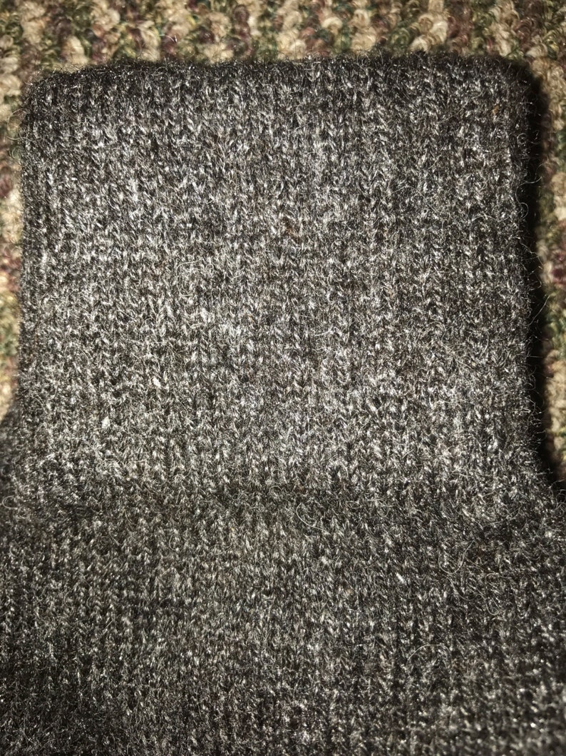 May include: Close-up of a dark gray knitted fabric with a fuzzy texture.
