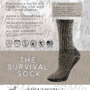 May include: USA Alpaca Socks made with US grown alpaca. The socks are warm, comfortable, and durable. They feature a mid-weight warmth, full cushion comfort, and crew height. The sock is made of 78% US alpaca, 20% recycled nylon, and 2% Lycra. The sock is shown in a gray and black color.