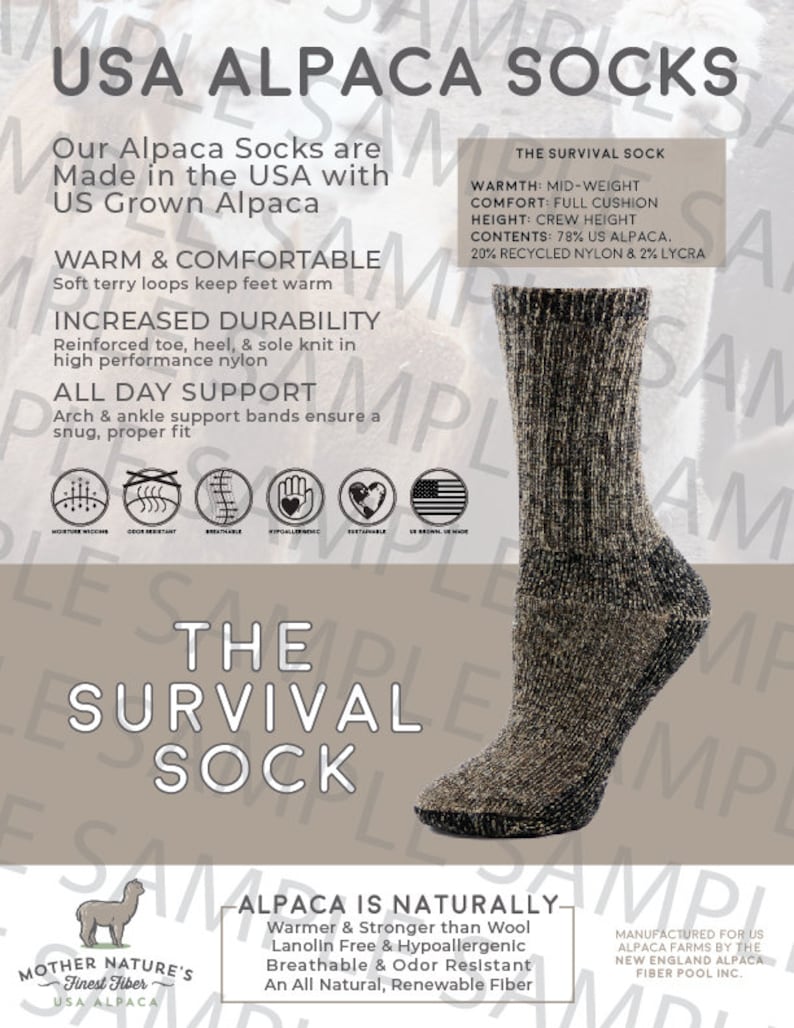 May include: USA Alpaca Socks made with US grown alpaca. The socks are warm, comfortable, and durable. They feature a mid-weight warmth, full cushion comfort, and crew height. The sock is made of 78% US alpaca, 20% recycled nylon, and 2% Lycra. The sock is shown in a gray and black color.