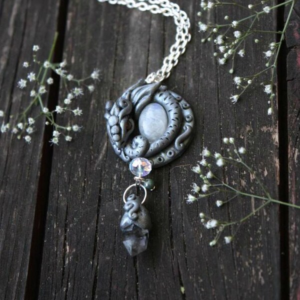 Moon Dragon necklace - blue rainbow moonstone - ghost quartz crystal jewelry - silver dragon - fantasy bride pendant - dark OOAK jewelry