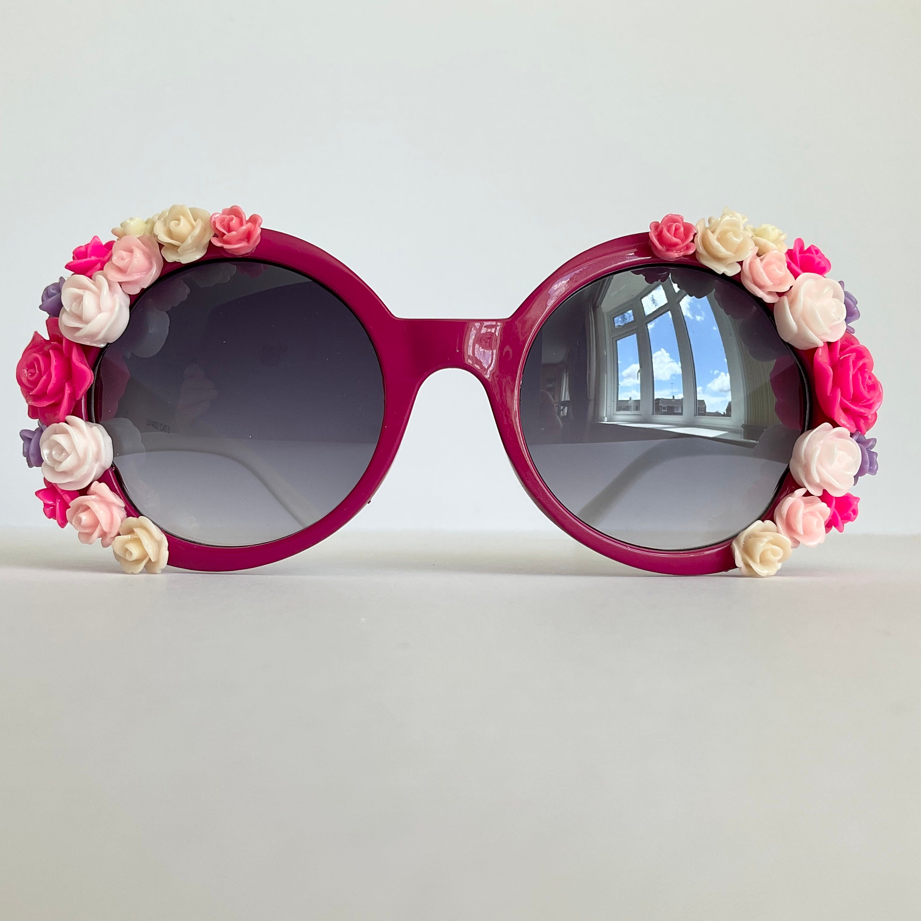 Cerise Embellished Sunglasses Women White Temple Arm Pink Cerise Floral  Flowers Roses Eyewear Sunnies Shades