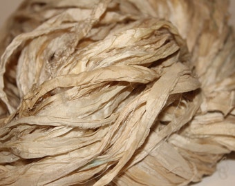 16-RSR) Silk Sari, Natural, Off White Cream Tan Shade Hues, Recycled Ribbon, Craft Supplies, Tassels, Fiber Jewelry Art, 5 yd. Mini Skein
