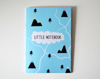 Mountains Notebook - A6 Plain Blue Mountain notebook - little notebook - mountains - rivers - trees - notebook - sketchpad - adventure