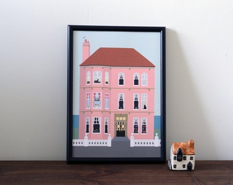 House illustration print A4 - dogs and cats -  pets - wall art - home decor - Art print - Illustration - pink house - home - poster