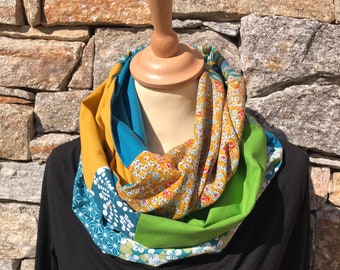 Infinity scarf, écharpe tube en coton variation printanière bleu/ocre/vert