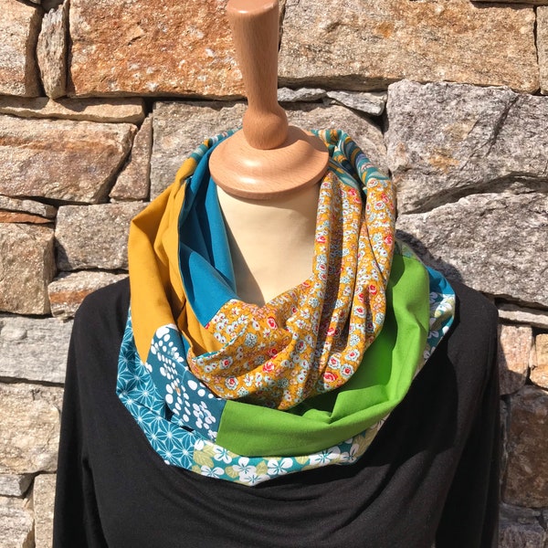 Infinity scarf, écharpe tube en coton variation printanière bleu/ocre/vert